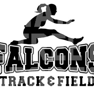 Op de afbeelding: Zwart-witte silhouet van een persoon die over een horde springt met de tekst "FALCONS TRACK & FIELD" eronder.