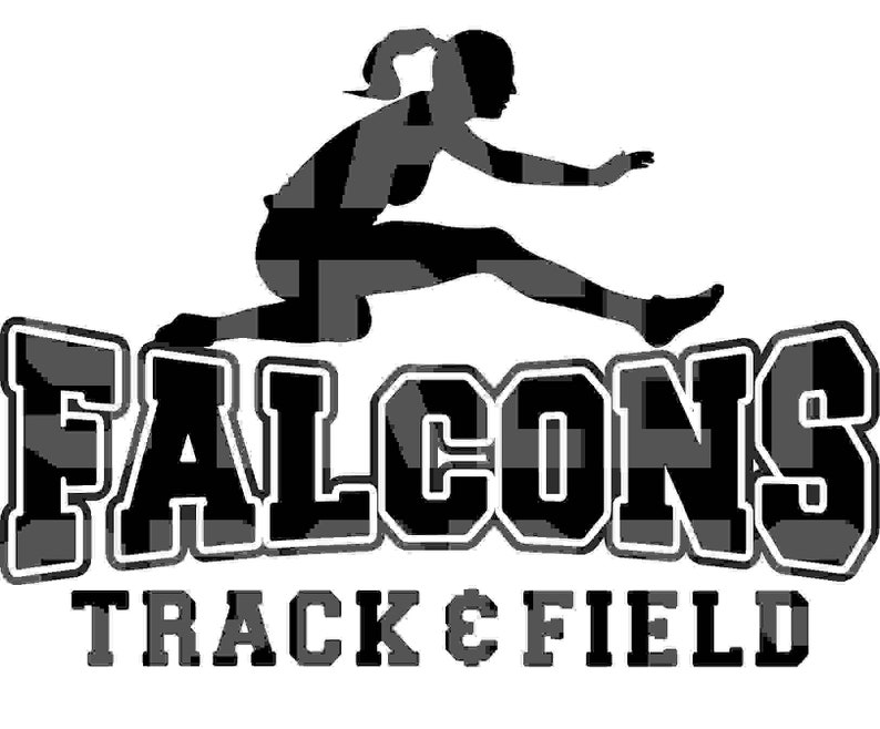 Op de afbeelding: Zwart-witte silhouet van een persoon die over een horde springt met de tekst "FALCONS TRACK & FIELD" eronder.