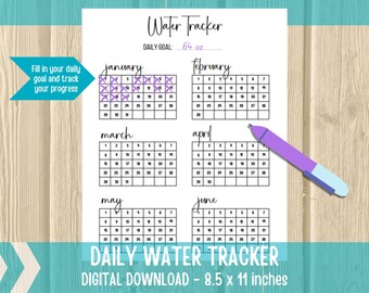 Printable Water Tracker, Daily Water Tracker, Monthly Water Tracker, Yearly Water Tracker, Water Goal Tracker, Water Habit, Water Intake