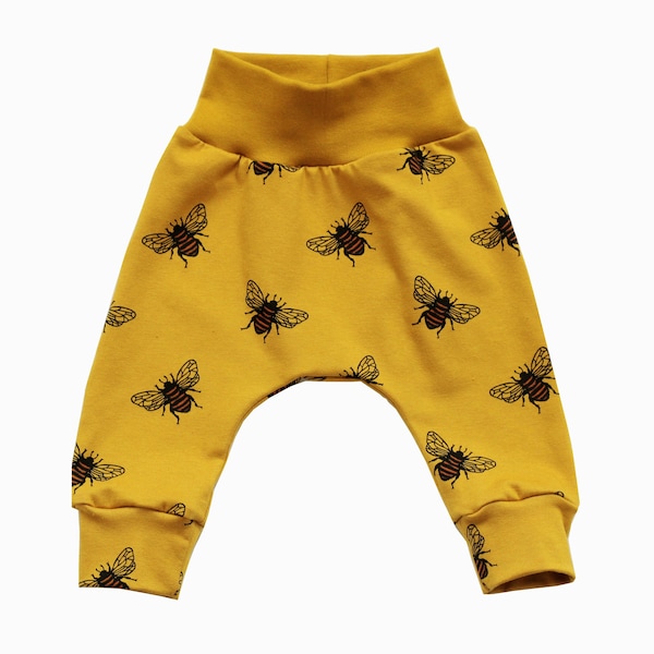 Mustard bee leggings, bumblebee honeybee bees with mustard waistband comfy, baby and toddler pants, jersey fabric, newborn, unisex, boy girl
