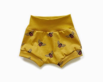 Mustard bee shorts bumblebee honeybee handmade summer, baby toddler shorts, bloomers, diaper covers, unisex, gender neutral