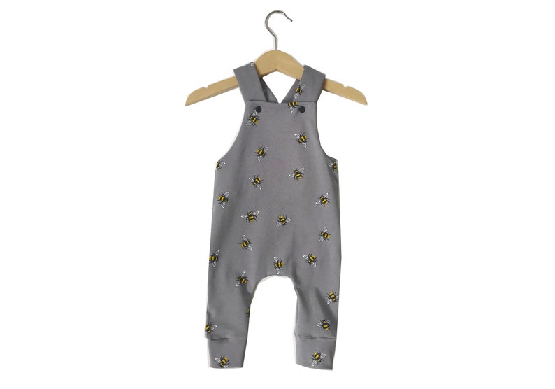 Grey bee honeybee print dungarees long length handmade JennyWrenCraft unisex gender neutral baby girl baby boy gift