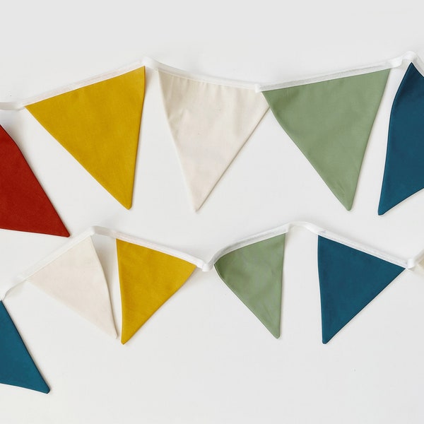 Handmade rainbow bunting, 10 flag traditional triangle banner, fabric bunting, muted colour palette, unisex, nursery, birthday