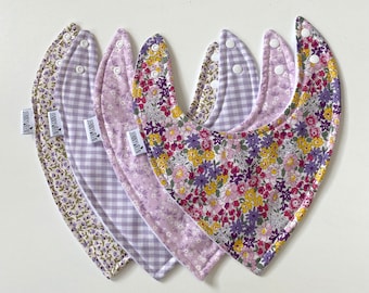 Choice of bandana bib, handmade comfy baby dribble bib, baby girl, gift, lilac floral stripe fabric, special occasion, spring summer