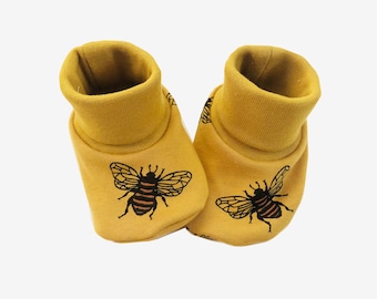 Mustard Bee Fabric Booties, Handmade Soft Pram Shoes