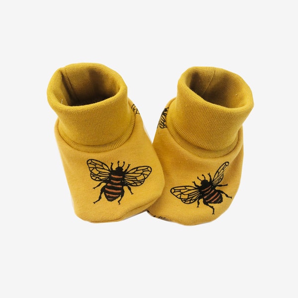 Mustard bee booties, handmade comfy booties, newborn baby, hospital bag, unisex, gender neutral