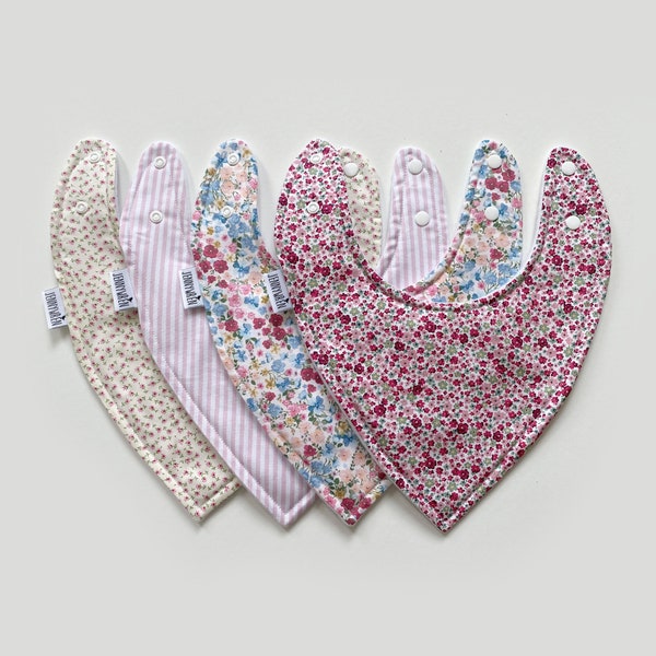 Choice of bandana bib, handmade comfy baby dribble bib, baby girl, gift, floral stripe fabric, special occasion