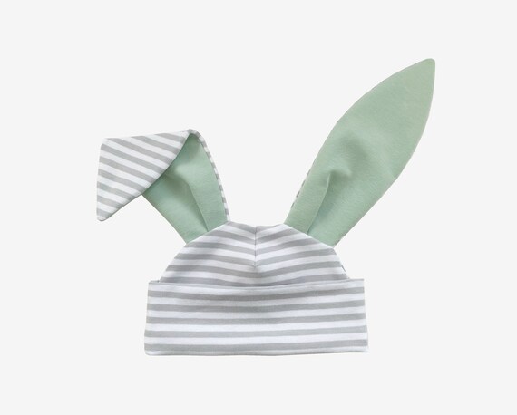 Grey Stripe Mint Bunny Hat Handmade 