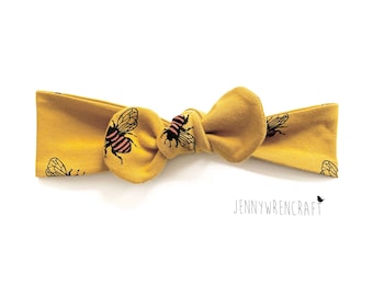 Mustard bee top knot headband, handmade, twinning, matching, spring summer headwrap soft jersey baby toddler topknot bow