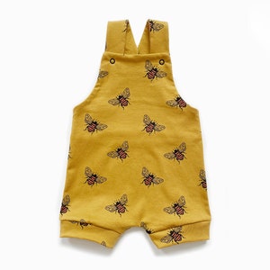 Mustard bee short dungarees, spring summer baby bee toddler birthday outfit, shorts, unisex, gender neutral, handmade, overalls, romper