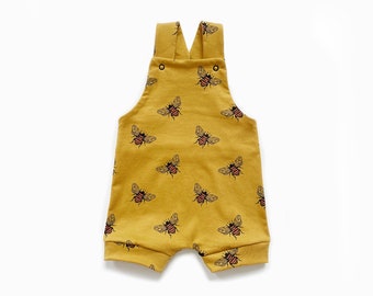 Mustard bee short dungarees, spring summer baby bee toddler birthday outfit, shorts, unisex, gender neutral, handmade, overalls, romper