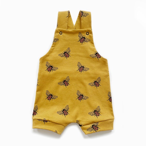 Mustard bee short dungarees, spring summer baby bee toddler birthday outfit, shorts, unisex, gender neutral, handmade, overalls, romper