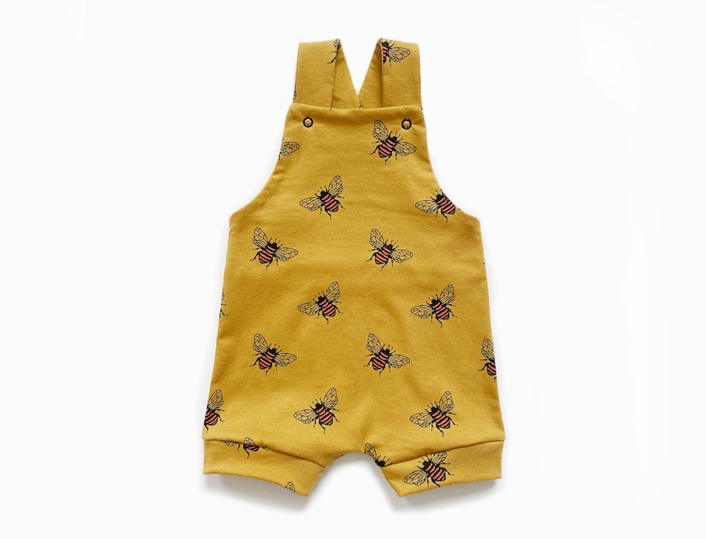 Mustard bee short dungarees, spring summer baby bee toddler birthday outfit, shorts, unisex, gender neutral, handmade, overalls, romper 