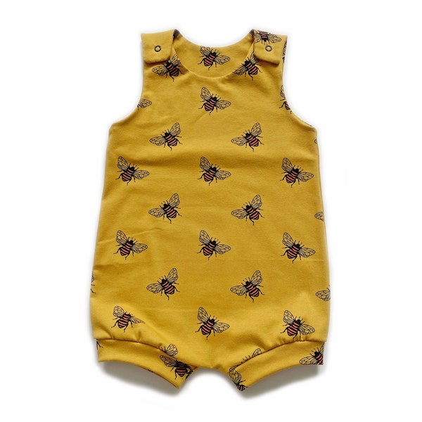 Mustard bee short romper, handmade unisex baby girl boy outfit overalls dungarees gift, all in one, birthday, toddler