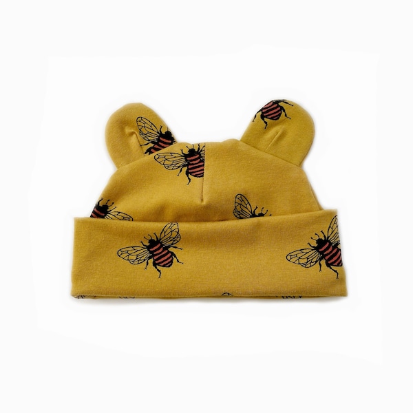 Mustard bee bear hat, handmade cute hat soft stretchy fabric, unisex, gender neutral gift, baby accessory, photos