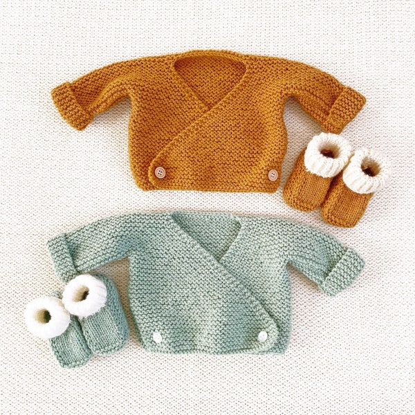 Choice of hand-knitted baby wrap cardigan and booties set, cardi, range of colours, handmade, 0-3 months, 3-6 months, unisex, baby girl boy