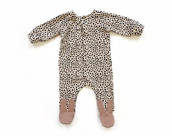 Sand dalmatian mocha bunny footed babygrow handmade JennyWrenCraft unisex gender neutral baby girl baby boy gift print easter outfit