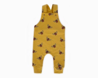 Mustard bee dungarees, long length handmade JennyWrenCraft unisex gender neutral baby girl baby boy gift print autumn spring summer romper