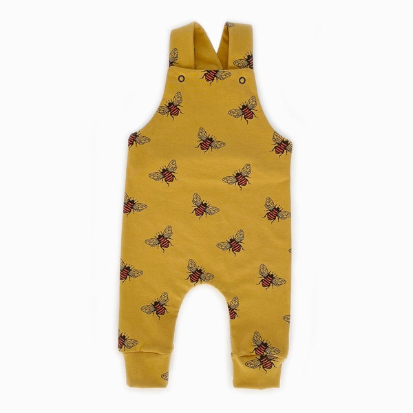 Mustard bee dungarees, long length handmade JennyWrenCraft unisex gender neutral baby girl baby boy gift print autumn spring summer romper