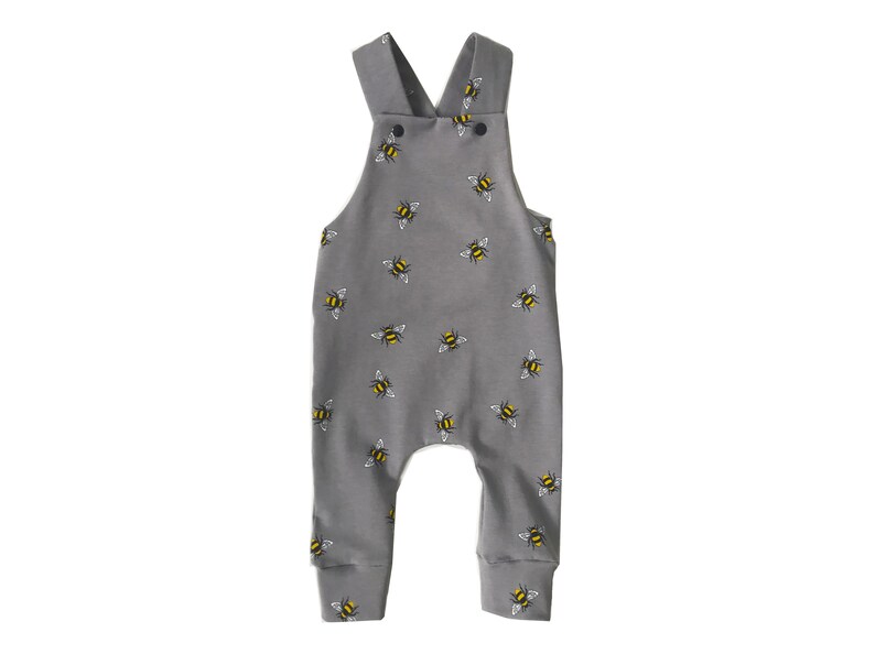 Grey bee honeybee print dungarees long length handmade JennyWrenCraft unisex gender neutral baby girl baby boy gift