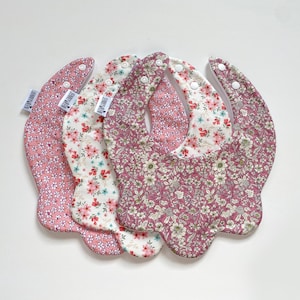 Choice of pink ditsy floral scallop bib, handmade comfy baby dribble bib, baby girl, gift, summer spring girly fabric, special occasion