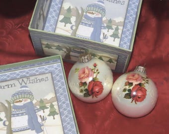 Krebs West Germany Christmas Ornaments, White Ball with Red Roses (Set of 2)