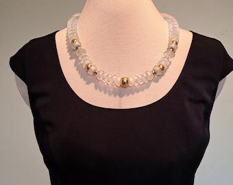 1980s NAPIER Lucite Necklace, Signed Goldtone Beaded Strand, 26"