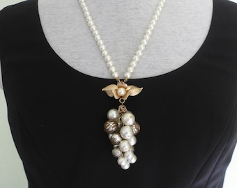 Vintage Faux Pearl Grape Cluster Necklace, Goldtone Tassel Brooch