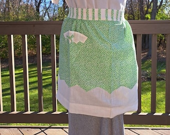 Vintage 1950s Floral Half Apron, Green Cotton Hostess Apron