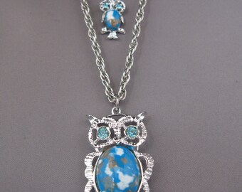 Vintage 1970s Owl Necklace, Faux Turquoise, Silver Tone Double Strand