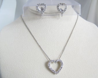 Vintage Heart Rhinestone Pendant Necklace and Earrings set Special occasion Valentine's