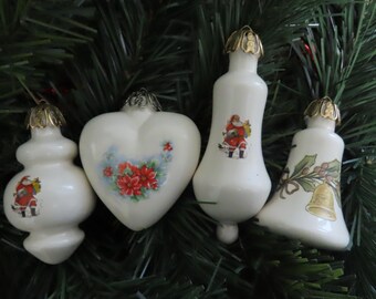 RARE 4 Vintage Porcelain Christmas Bulb Ornaments Santa Holly Bell Poinsettia