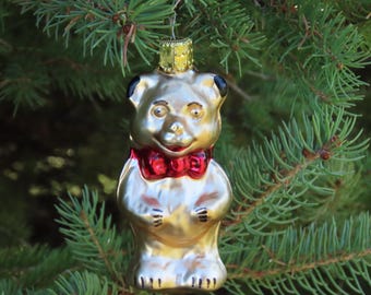 Bear Ornament Made in Germany Vintage Gold color Glass Blown Christmas 3" Marked