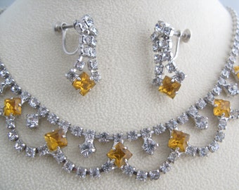 Vintage Rhinestone Parure Set, Golden Yellow & Clear, Prom Jewelry