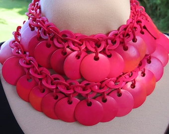 Retro Hot Pink Wood  Necklace 1950s, 2 Strands, Wood Hook Closure