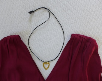 Vintage Gold Tone Heart Pendant Necklace, Braided Nylon