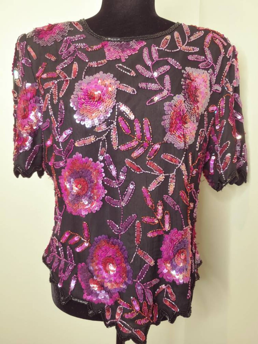 Vintage 1990s Laurence Kazar Pink Sequin Top Floral Design - Etsy