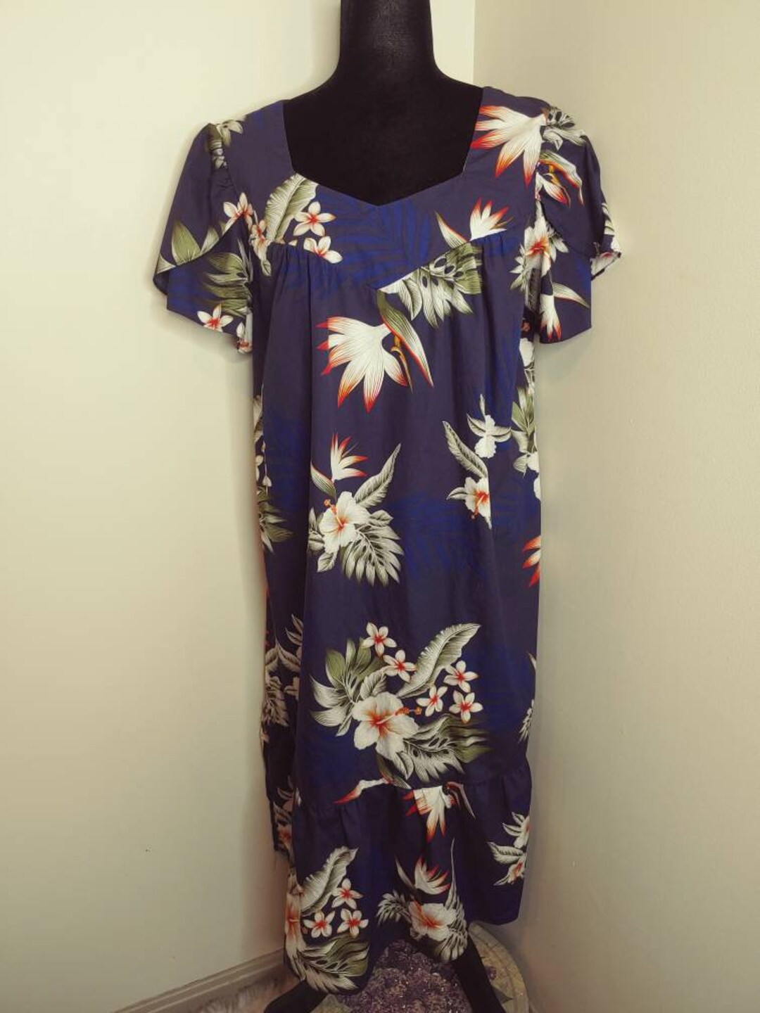 Vintage Tropical Floral Mumu Caftan Ruffle Navy Blue Dress - Etsy