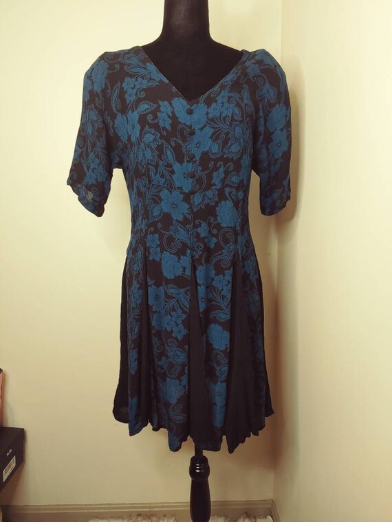 Vintage 1990's blue floral trumpet style pleated dress | Etsy