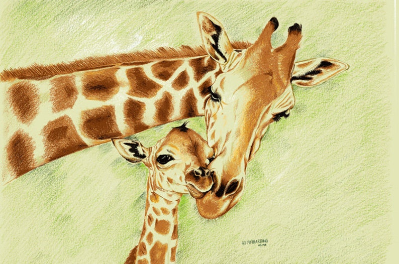 Giraffe drawing,Mother and Baby Giraffe drawing Giraffe Drawing,Mothers Love African Wildlife drawing Wildlife Art Nursery Decor