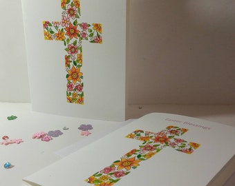 Cross Filled with Orange and Pink Flowers, A6 size.