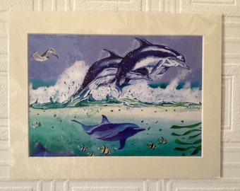 Diving Dolphins underwater Print 14 x 11 inches mounted