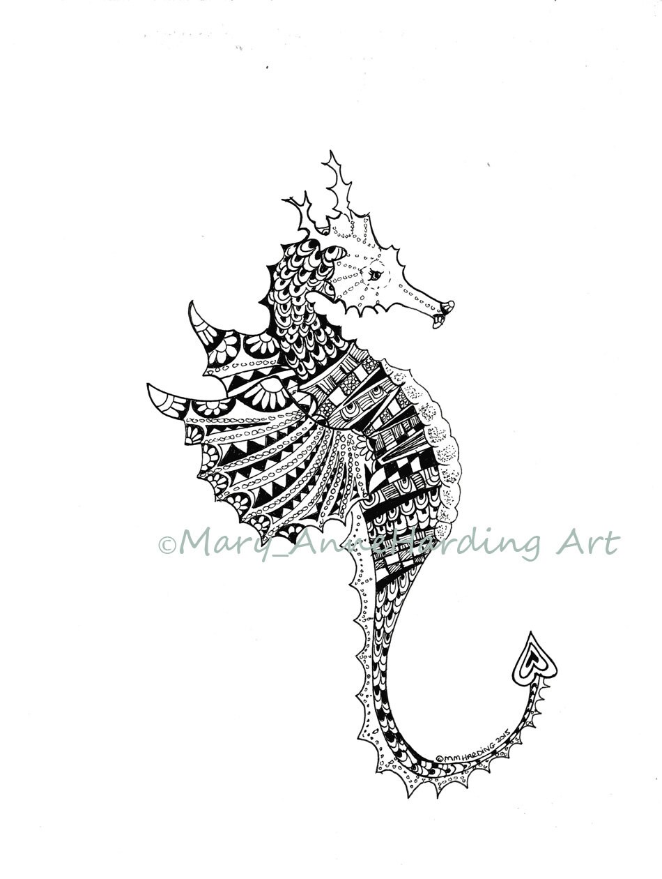 Sea Horse Print. Black and White Seahorse Drawing Printwinged Etsy UK