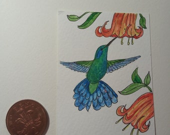 Mini Hummingbird Watercolor ACEO, Watercolor painting Gift, Desk Gift