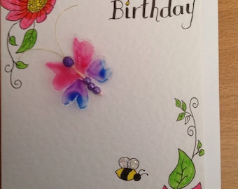 Pink Blue Butterfly Card, Illustrated Birthday Card, Handmade Greeting Card, Blank Inside,Floral Birthday Card.