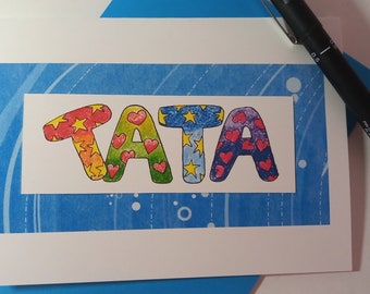 TATA Card, French Aunt Word Art Card, TATA Letter Art Card, Birthday Card, Can be personalized.