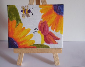 Mini Butterfly, Bee and Sunflower Painting,  Mini Canvas ACEO Painting. Collectors Art.