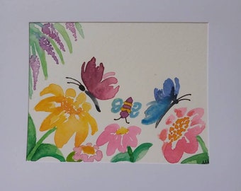 Original Butterfly and Flowers Watercolour Card, A5 size
