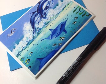 Dolphins Leaping in Waves Card, Acrylic painting,A6 size