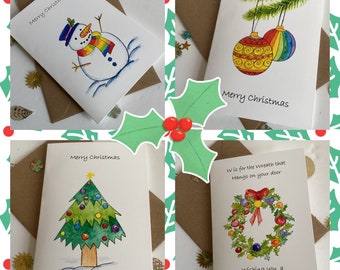 Christmas Cards,Set of 4, Snowman, Christmas Tree, Wreath, Christmas Decorations, Colorful Cheery Winter Notelets